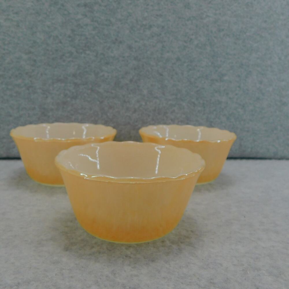 Vintage Set of 3 Peach Luster with Scalloped Rim Fire King Custard Bowl Ramkins